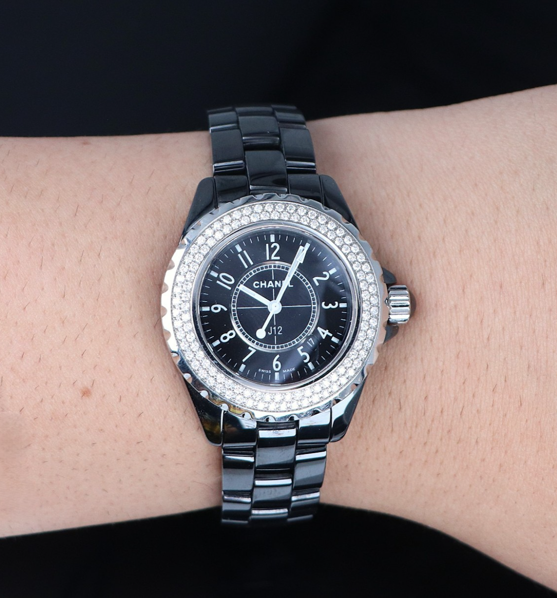 $15000 Chanel Steel J12 Black Ceramic Double Row Diamond Bezel