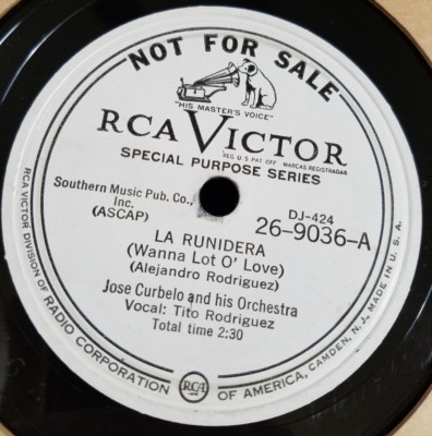 78RPM RCA Victor DJ Jose Curbelo, v Tito Rodriguez - La Runidera / Sonrisa, V+E-