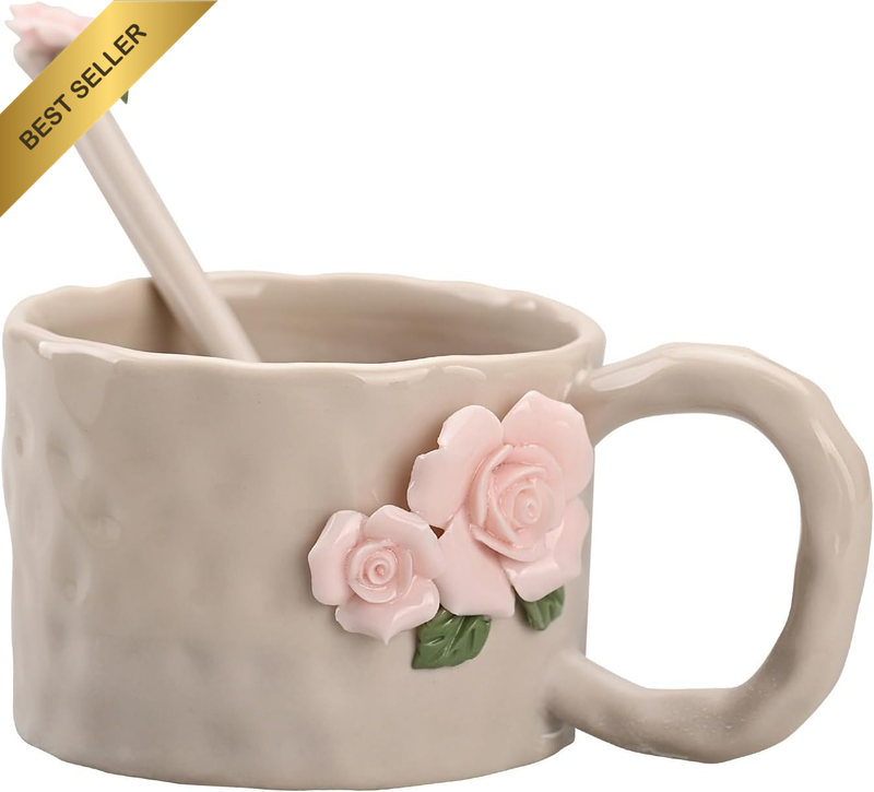 250Ml Handmade Ceramic Coffee Mug with Spoon, 3D Flower Stoneware Tea Cup, Lead-