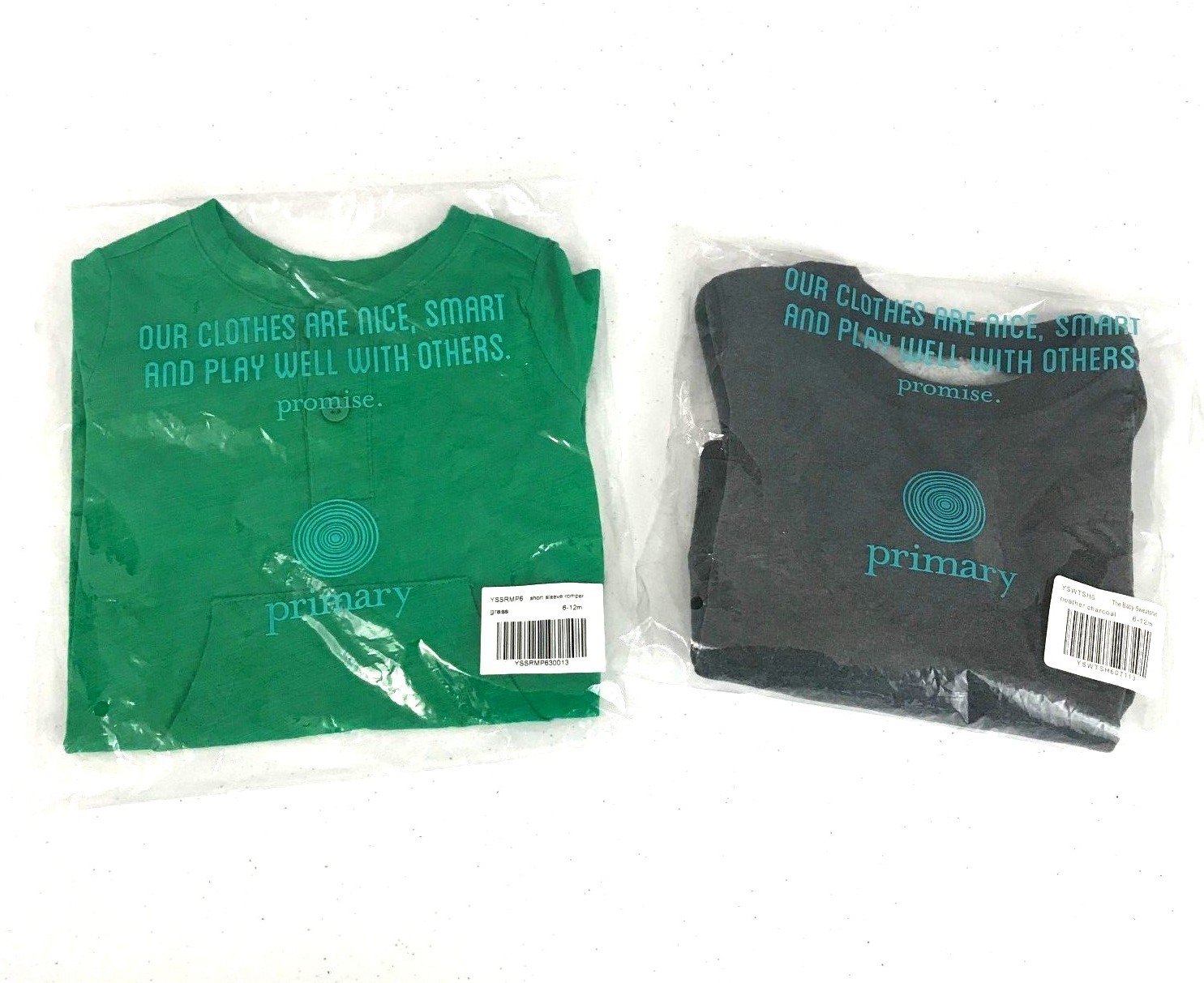 Lot of 2 Primary Boys 6-12 mos Short Sleeve Green Romper and Gray Sweatshirt NWT