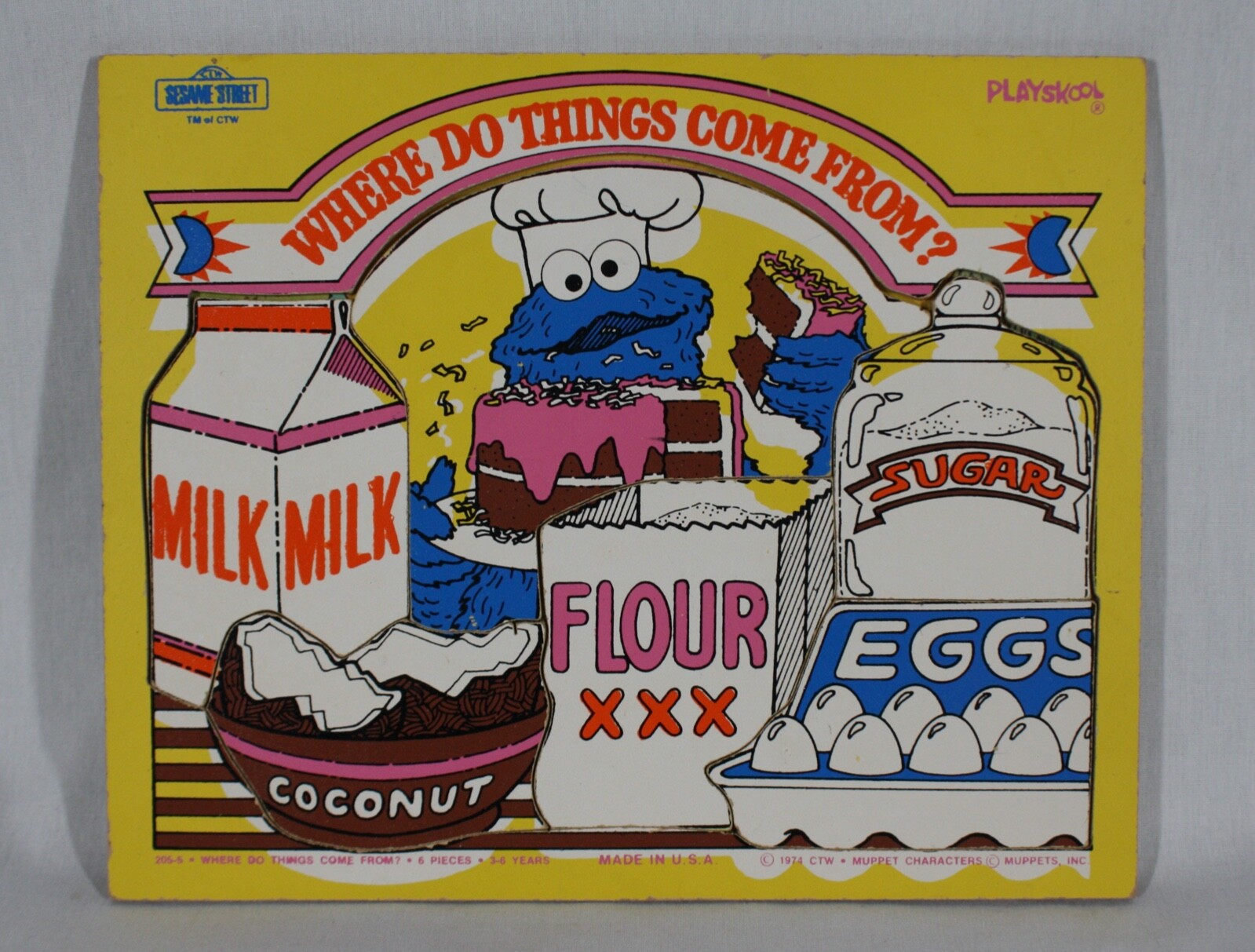 RARE!VINTAGE 1974 PLAYSKOOL SESAME COOKIE MONSTER WOODEN 6