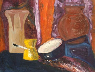 Vintage expressionist oil painting still life with vases, coffee pot and bowl