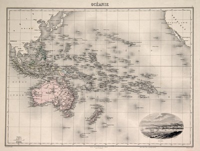 AUSTRALIEN PAZIFIK Original Stahlstich Landkarte Bizet 1890