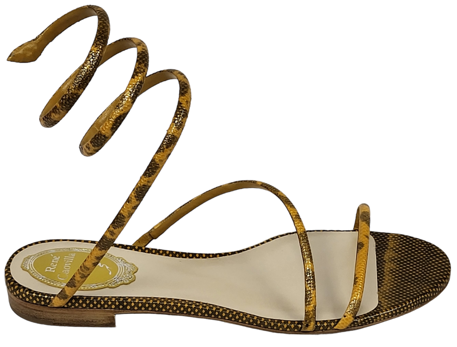 Pre-owned René Caovilla Rene Caovilla Cleo Snakeskin Wrap Flat Sandals In Beige Karung (pick Your Size) In Gold