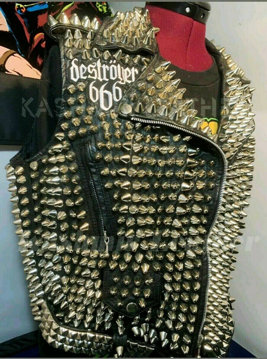 Pre-owned Handmade Mad Max Exploited Men Black Punk Full Studded Patches Motorcycle Leather Vest