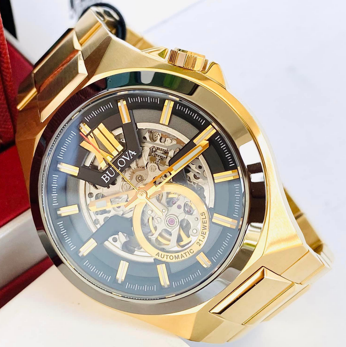 Pre-owned Bulova Maquina Automatic Black Dial Gold Tone Watch 98a178