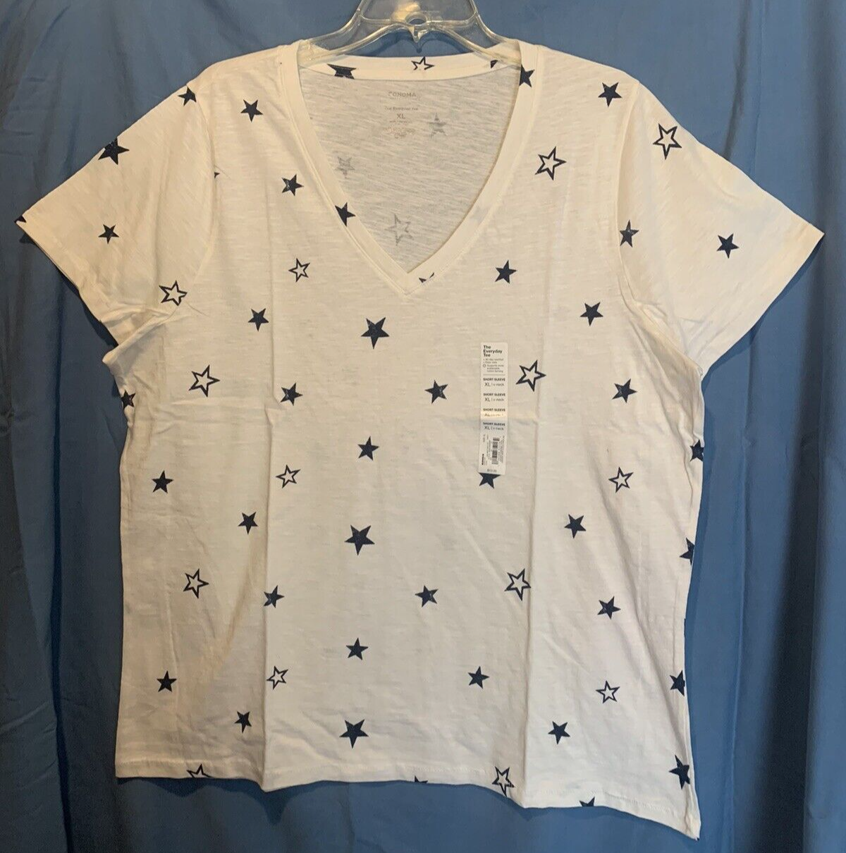 トップス USMA Sonoma XL White w/Navy Stars Lightweight Knit Top, v neck, short
