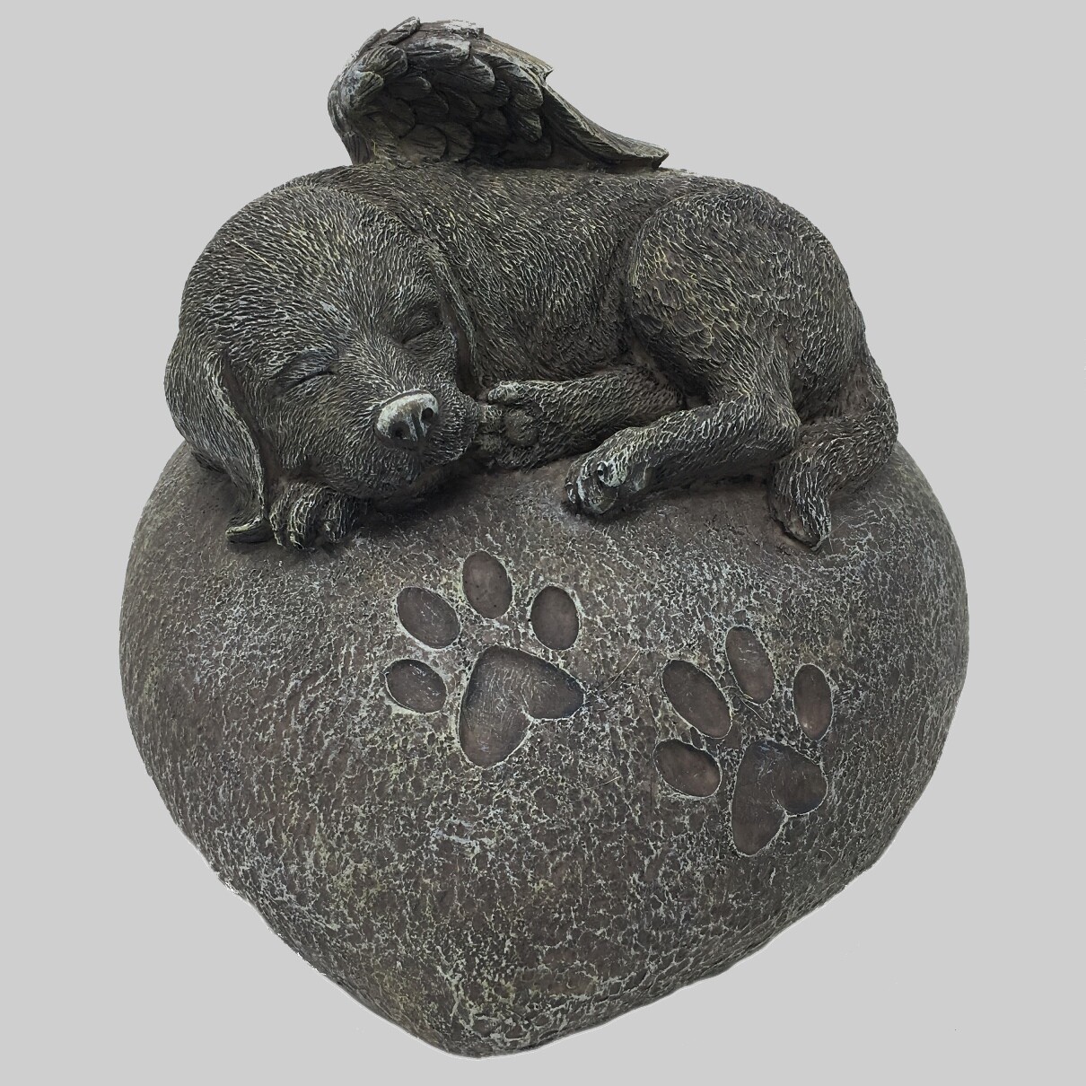 Hunde Urne grau als HundeEngelfigur und Gravurplatte,