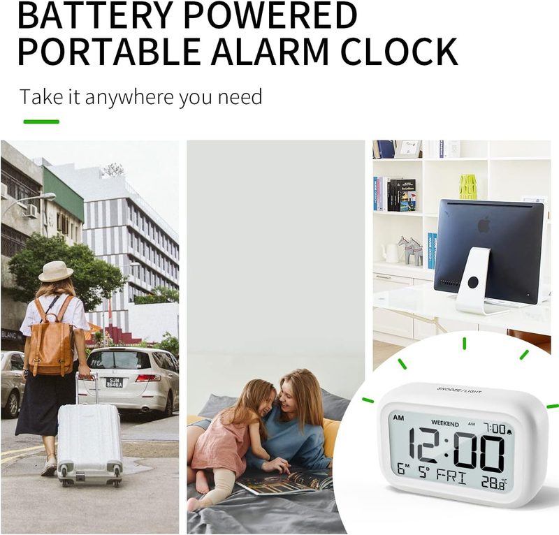 Digital Alarm Clock Bedside - Battery Powered Clock with LCD Display Volume Adju