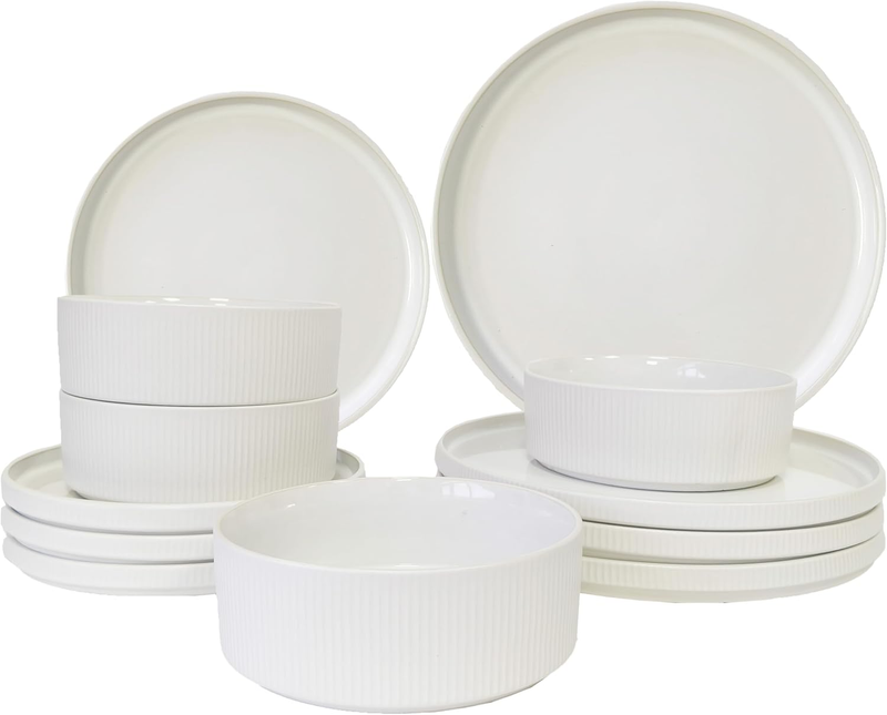 UDNORDGLOE Porcelain Dinnerware Sets for 4, 12 - Piece Ceramic Plates and Bowls Sets,Stoneware Clip and Scratch Resistant Dishware, Microwave and Dishwasher Safe, Matte White