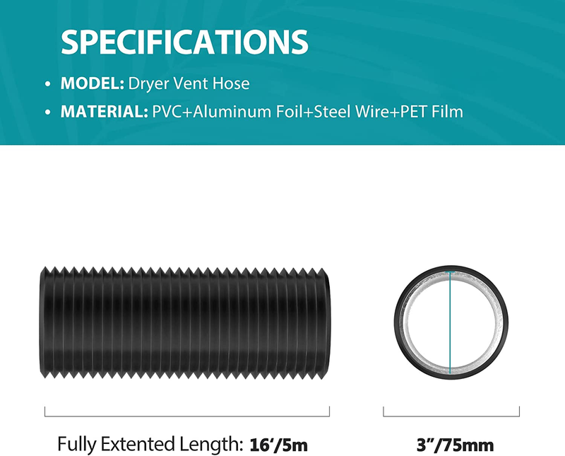 3 Inch 16Ft Dryer Vent Hose, PVC Silencer Duct Flexible Ducting Noise Reducer, V