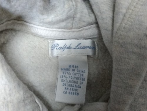 Baby Toddler Boys Ralph Lauren Polo Zip Up Hooded Jacket 24 Months Gray Hoodie