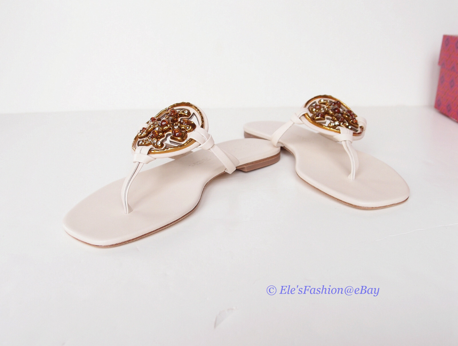 Pre-owned Tory Burch Jeweled Miller Leather Thong Sandal Brie Us 6.5 7 7.5 8 8.5 9 9.5 In Beige