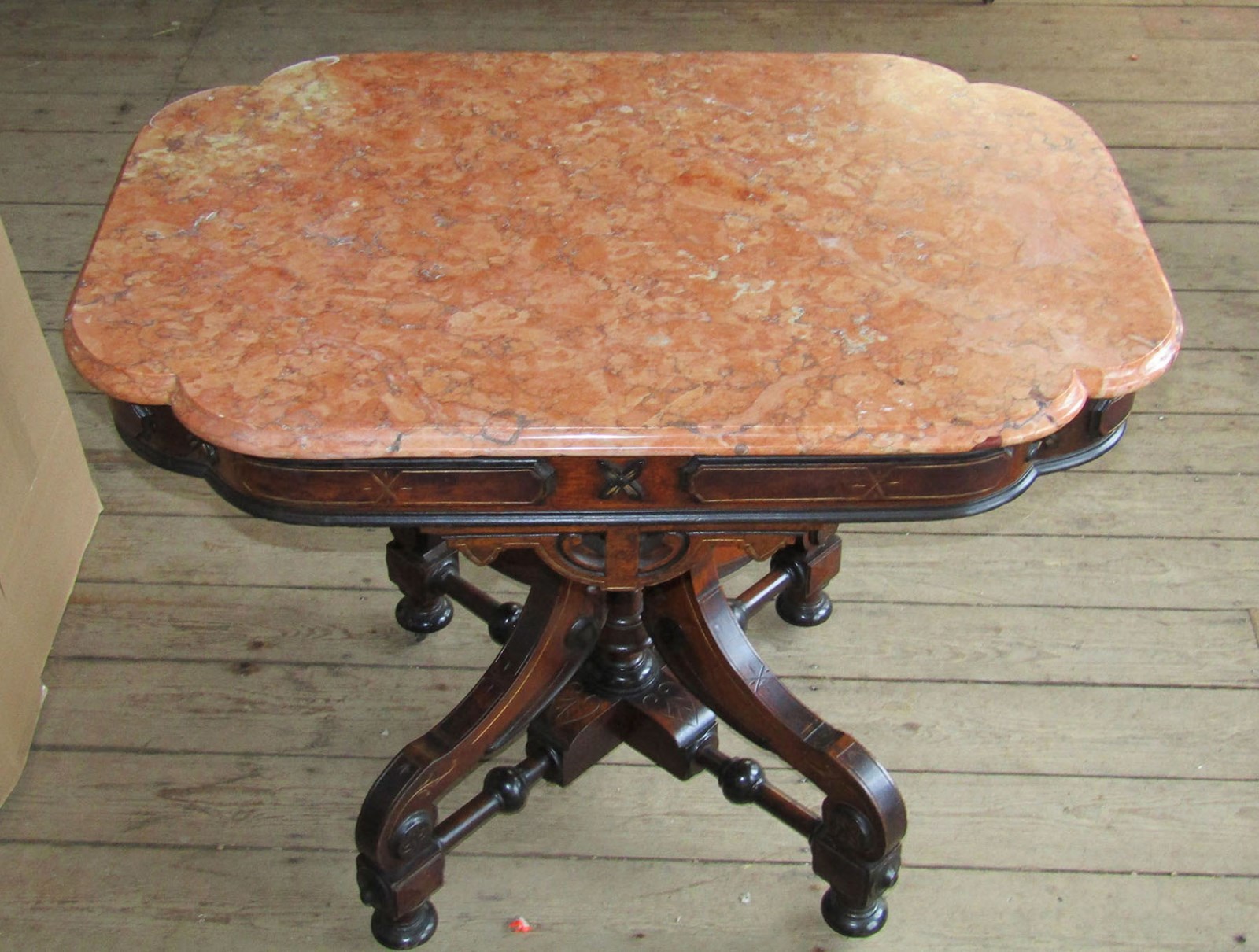 VICTORIAN RENAISSANCE REVIVAL SALMON COLORED MARBLE TOP TABLE