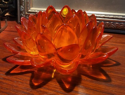 Lotus Flower Tealight Candle Holder Persimmon Orange Acrylic 3'' x 6''