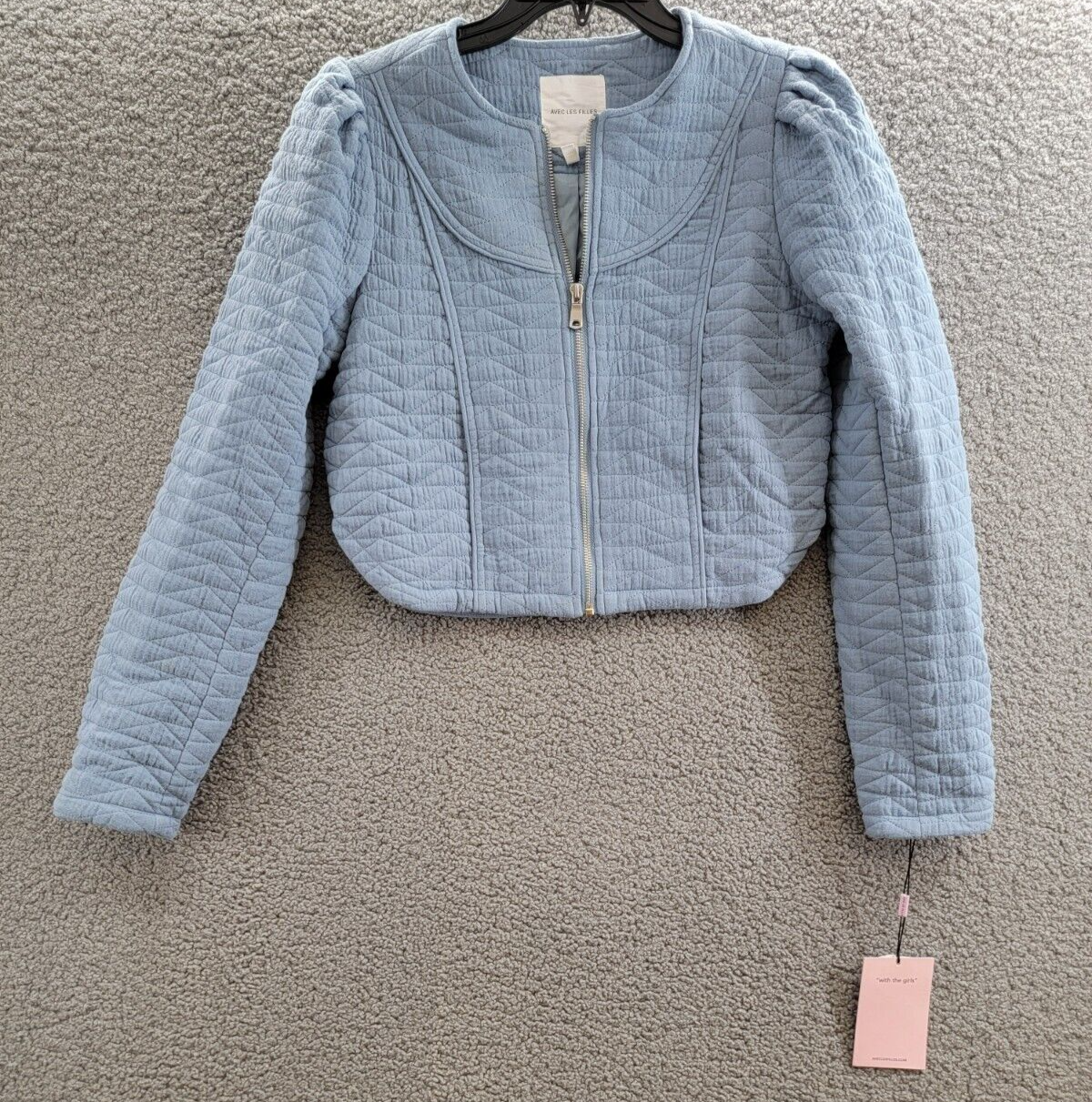 Avec Les Filles Quilted Puff-Shoulder Zip-Front Jacket Women's XS Dusty Blue - Picture 2 of 17