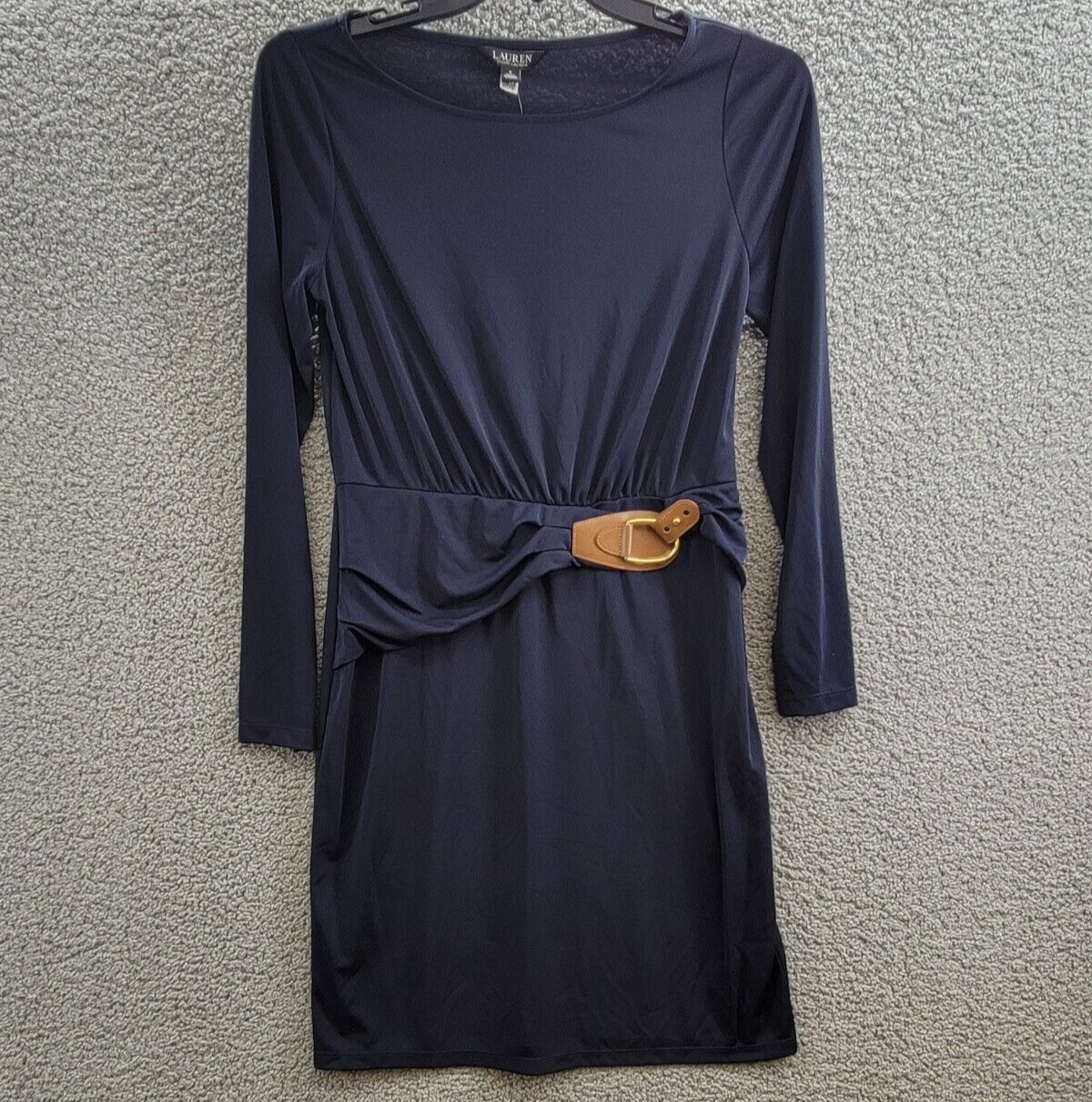 Lauren Ralph Lauren Buckle-Trim Stretch Jersey Dress Women's 8 Navy Long Sleeve - Picture 2 of 16