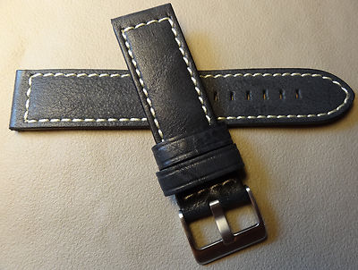Genuine Leather Black High Contrast White Stitching 22mm Smartwatch Watch Band