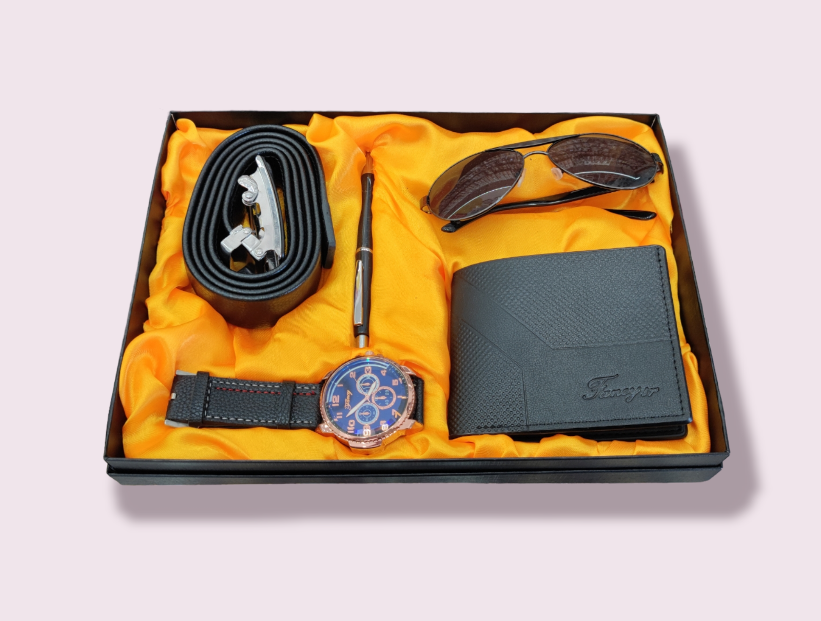 Set Regalo Uomo Orologio Portafoglio Penna Cintura Occhiali Da Sole lac