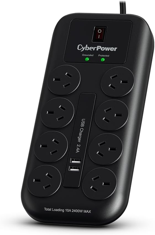 8 Outlet Power Board with 2 USB Charge Port, Surge and Overload Protection, EMI