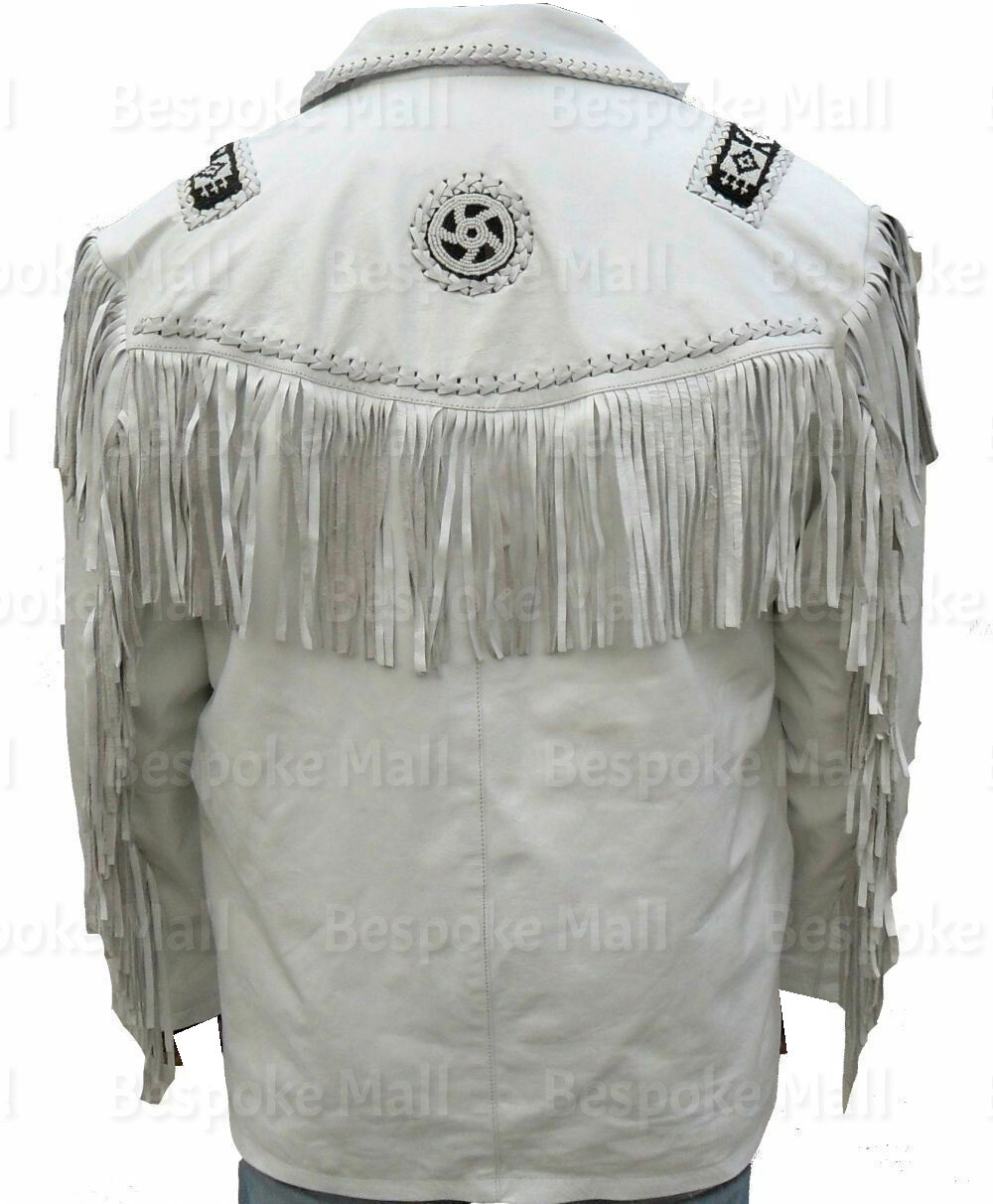 Pre-owned Handmade Men's White Western American Style Cowboy Leather Jacket Fringes Patches-26