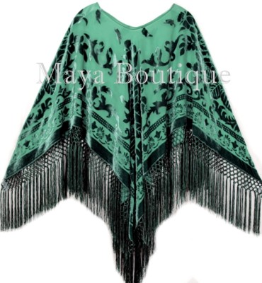 Pre-owned Maya Matazaro Emerald Green Silk Burnout Velvet Poncho Fringe Top Shawl