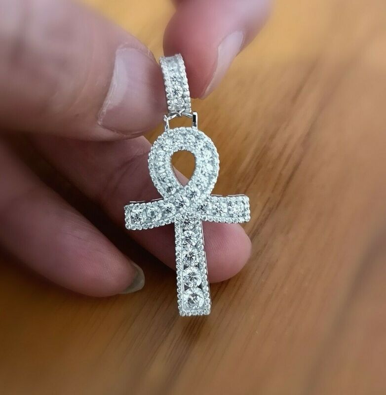 5ct Women Men Ankh Cross Pendant Necklace 14k White Gold Plated Solid Silver