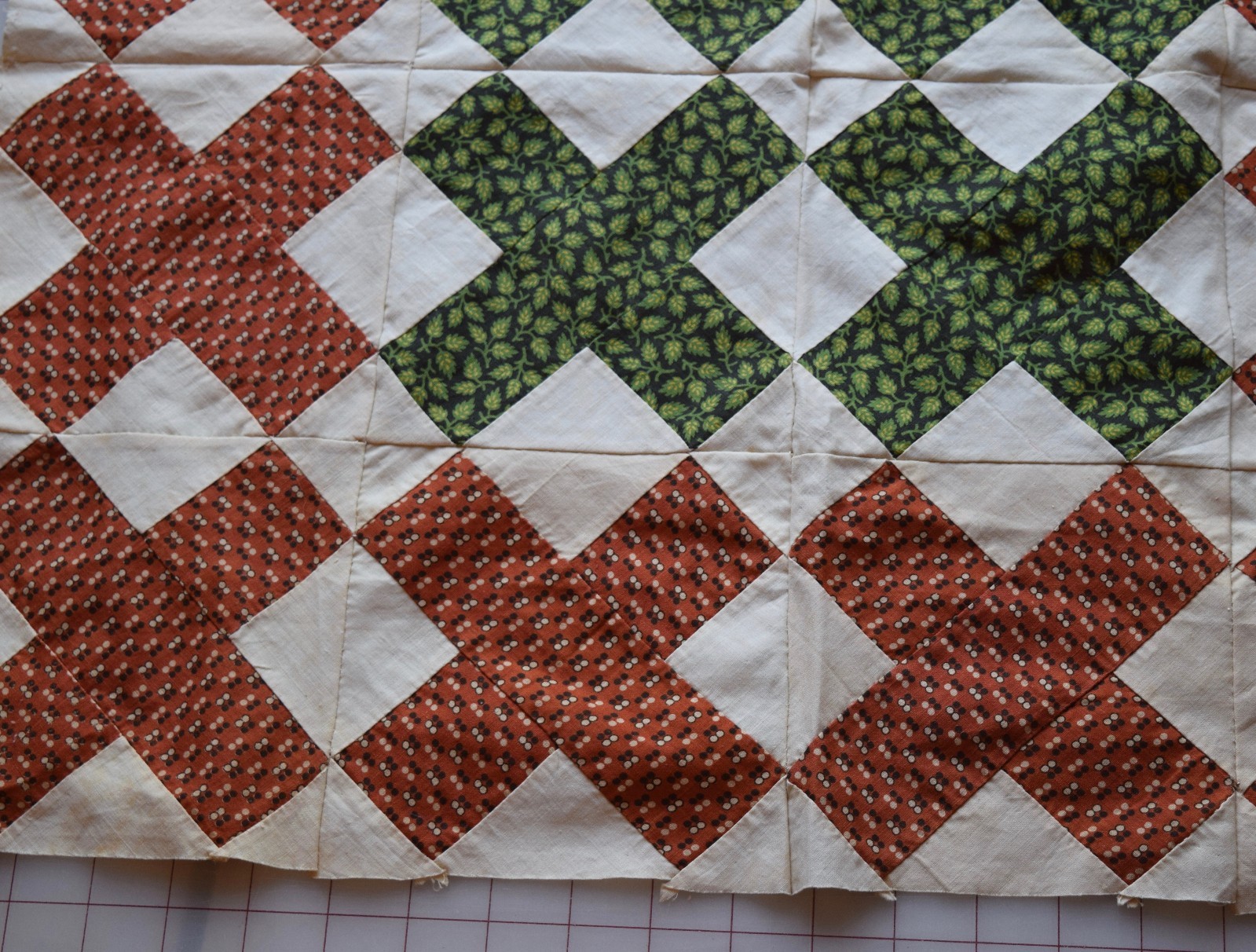 54 antique 1850-60 small X patch quilt blocks, madder red/brown, beautiful green
