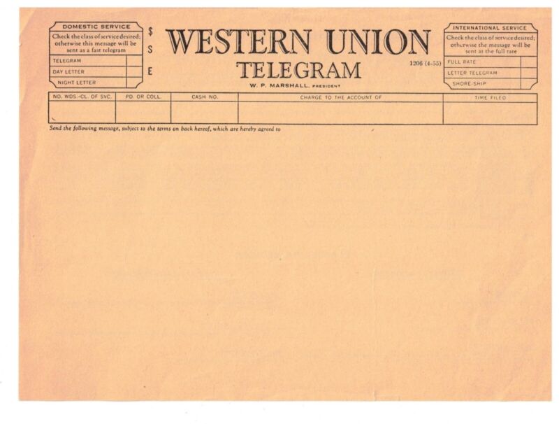 1940s Blank Western Union Telegram Form - Un-used