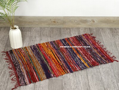 INDIAN 2X3 FEET HANDMADE RAG RUG COTTON CHINDI WOVEN MAROON