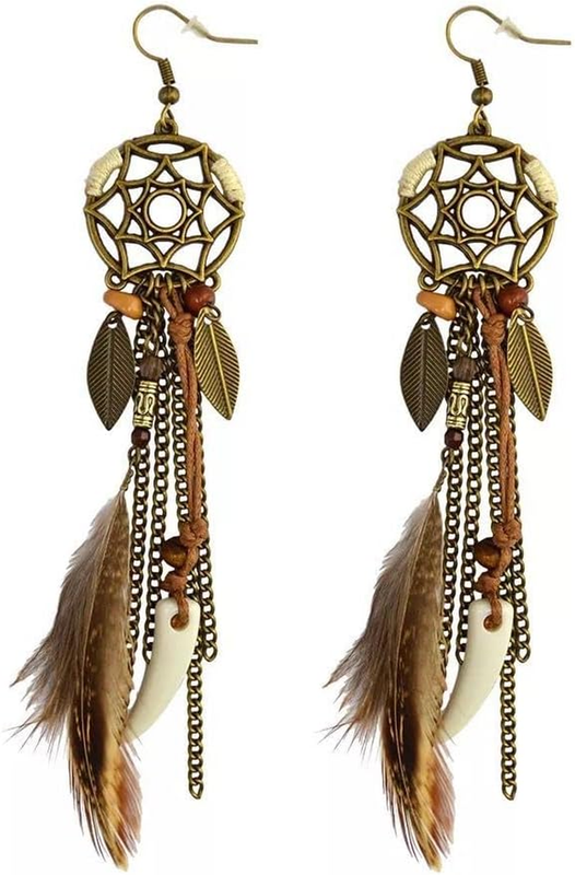 Brown Dream Catcher Feather Earrings Vintage Bohemian Ethnic Dangle Earrings for