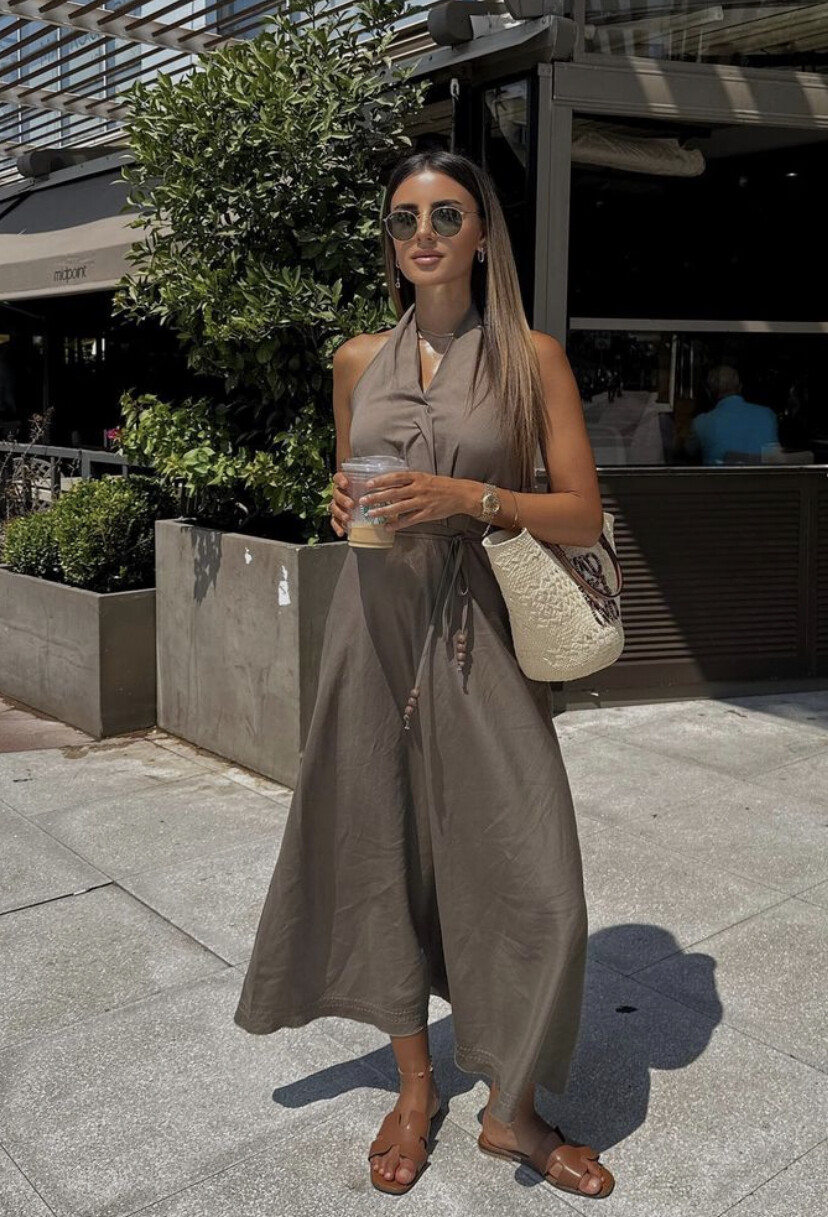 ZARA LINEN BLEND HALTER NECK DRESS KHAKI MIDI NEW SIZES XS