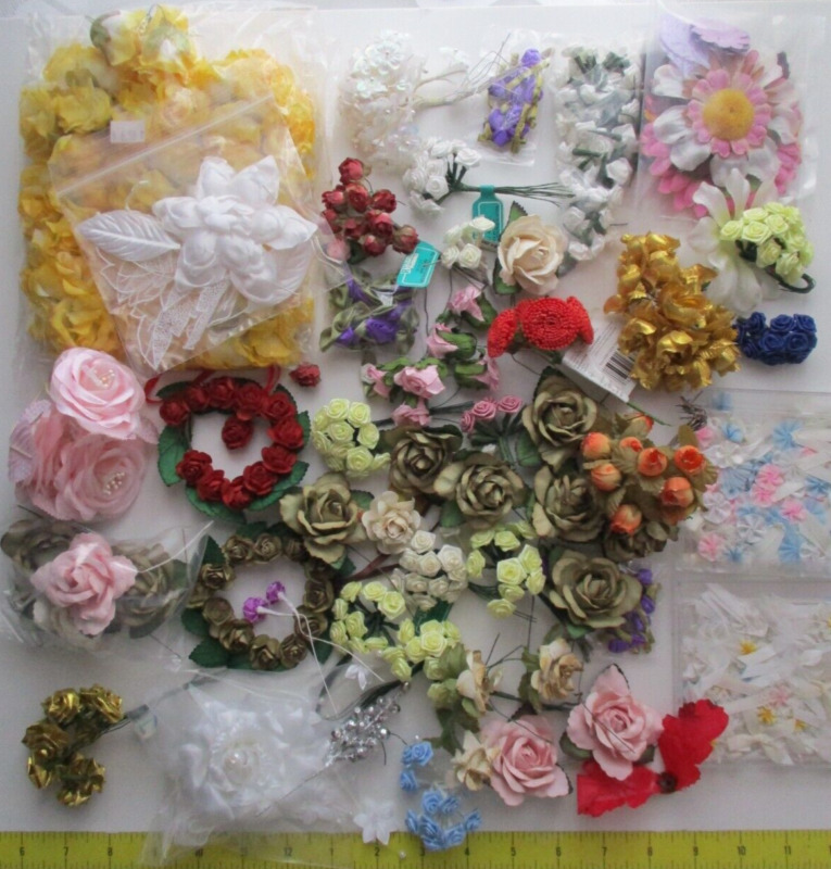 Lot Flowers for Craft Assorted Mixed Satin Mulberry Paper Embellishments