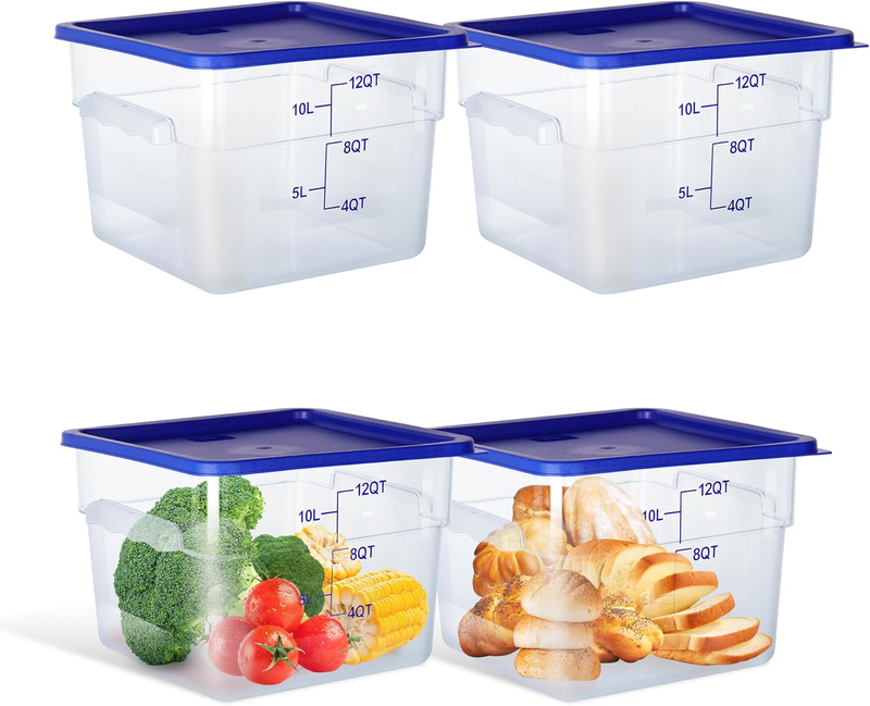 4 Pack 12 Quart Food Storage Containers with Lids, Polycarbonate Square Commercial Food Containers, NSF, Clear, New Version