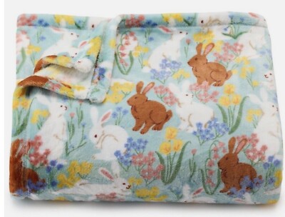Easter Bunnies & Flowers Soft Plush Throw Blanket 5' x 6 ft - The Big One -New