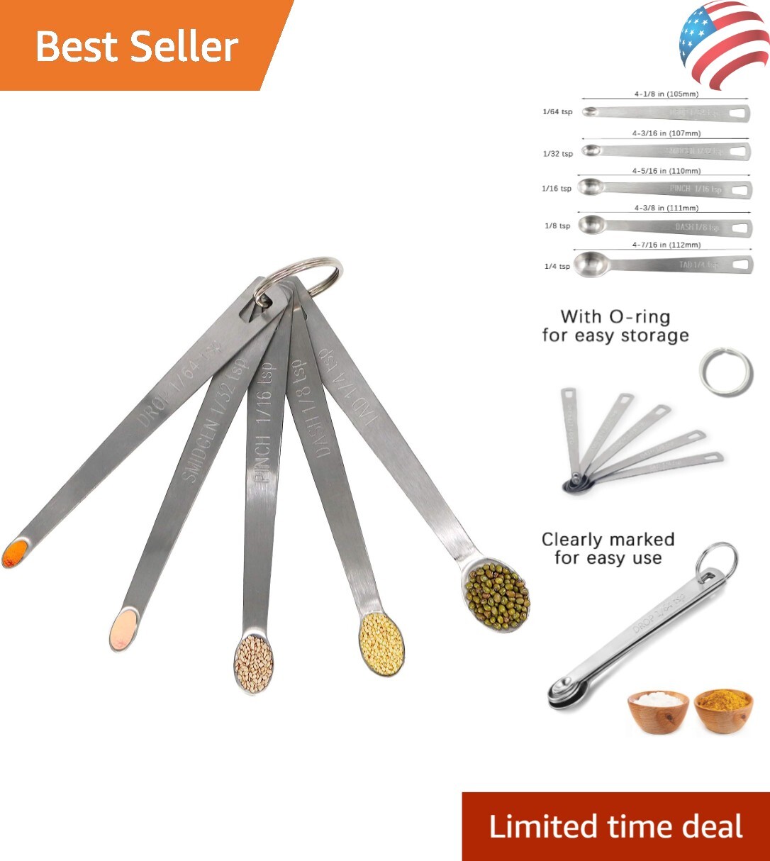 Set of 5 Stainless Steel Measuring Spoons - Heavy Duty - Cooking Baking Tool