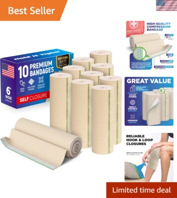 6  Premium Elastic Bandage Wrap - 10 Pack - Hook & Loop Closures - Wide Compr...