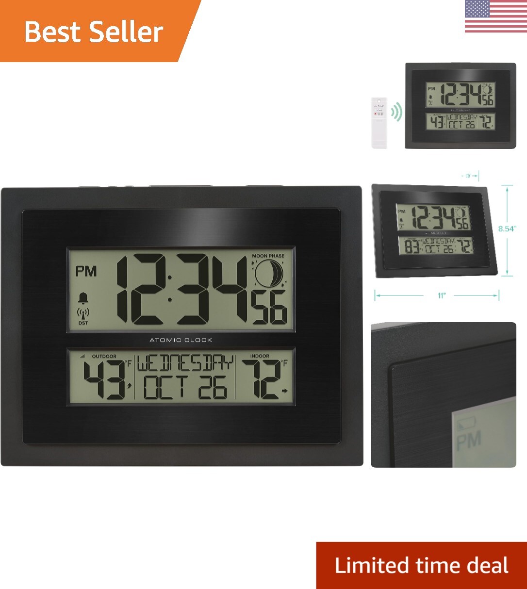 Atomic Wireless Digital Atomic Clock with Outdoor Temperature and Moon Phase