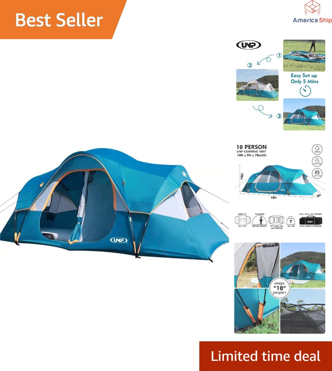 Family Camping Tent - 10 Person, Easy Up, Waterproof, 2 Room