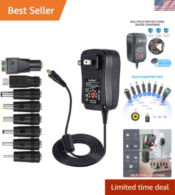 Universal 30W AC/DC Adapter with 7 Adjustable Voltages & 8 Tips, 5 FT Cord