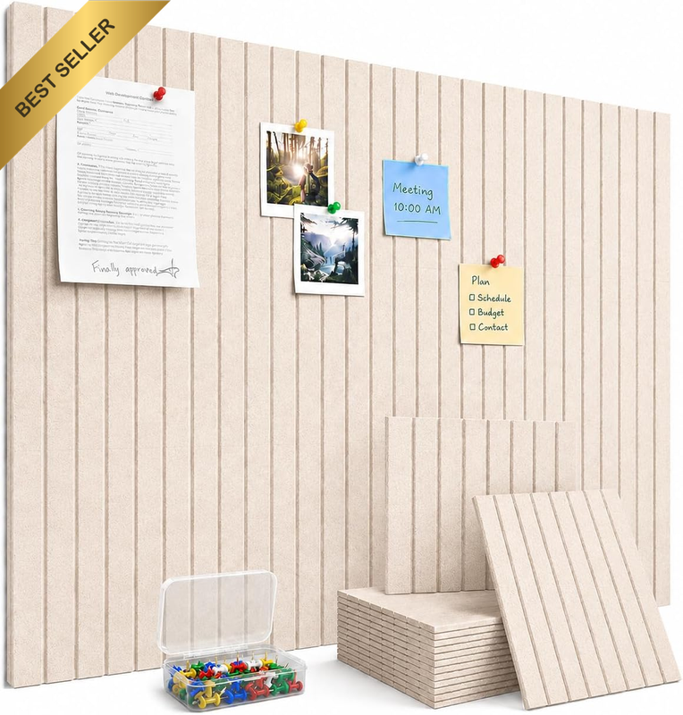 Felt Bulletin Board 120 X 90CM, 12 Pack Oatmeal Felt Wall Tiles with 70 Adhesive