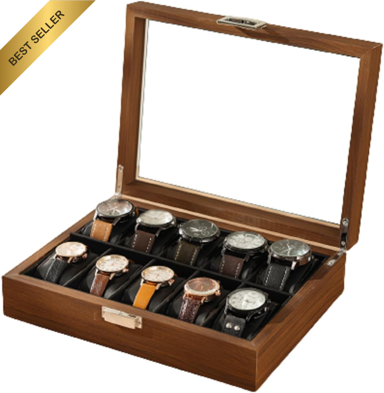 Okam Watch Box for Men & Women - 10 Slot Luxurious Wooden Watch Case with Clear
