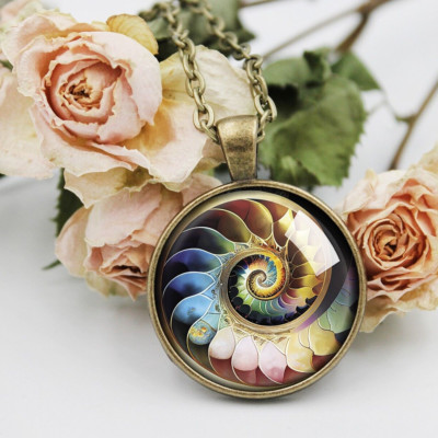 Fibonacci spiral fractal rainbow dark gold necklace pendant gift Fractal Pendant