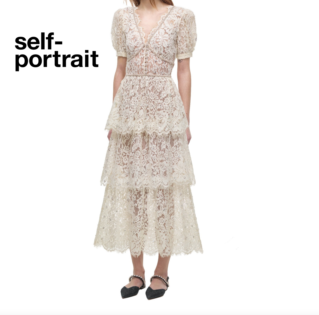 Pre-owned Self-portrait Self Portrait Cream Embellished Tiered Dress In Ivory
