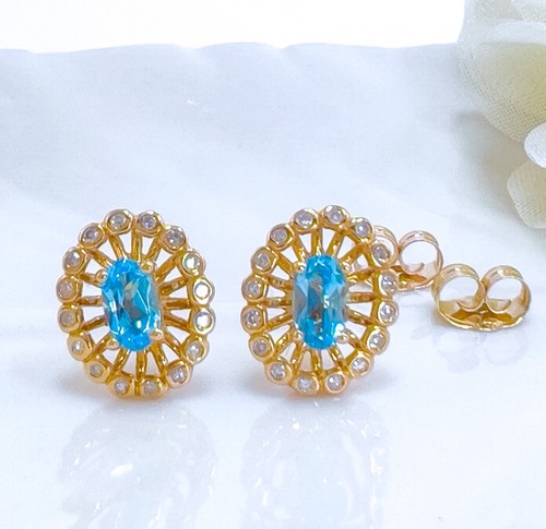 14k Yellow Gold Swiss Blue Topaz & Diamond Halo Oval Stud Earrings, New - Picture 1 of 11