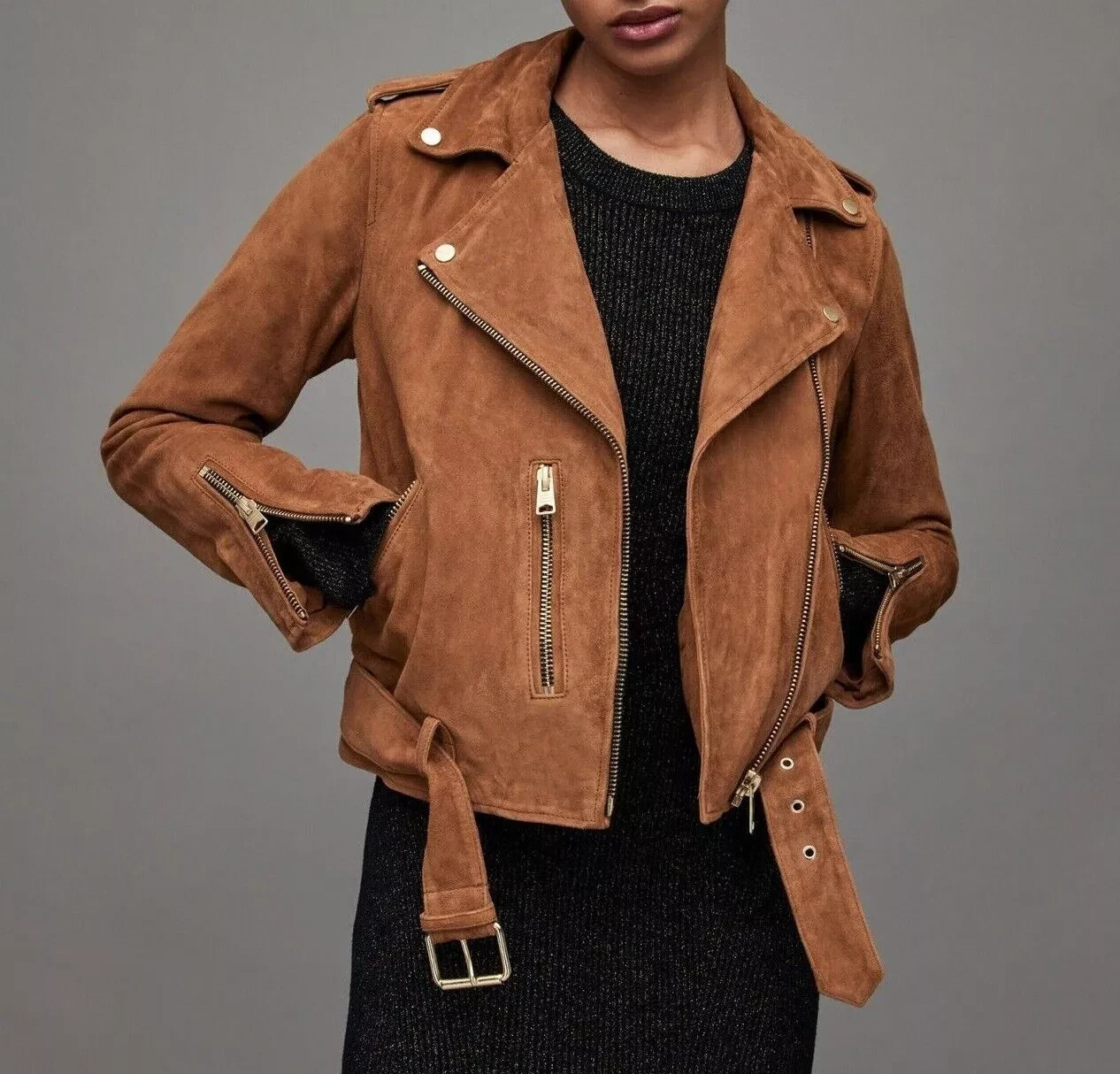 Stylish Original Lambskin Suede Leather Jacket Women Brown Stylish Original Lambskin Suede Leather Jacket Women Brown