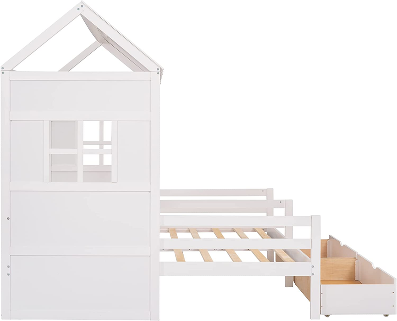 Two Twin Size House Beds, Wooden Double House Platform Bed Frame with Two Drawer