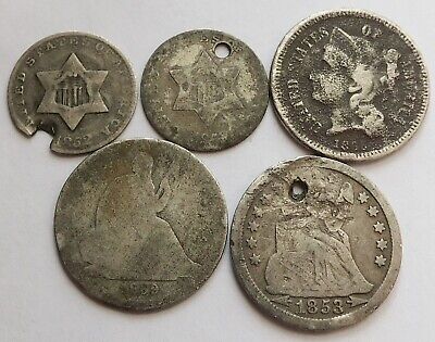 Lot of 5 Vintage US Coins, 1852 3CS, 1865 3CN, 1839 & 1853 Dimes, with issues