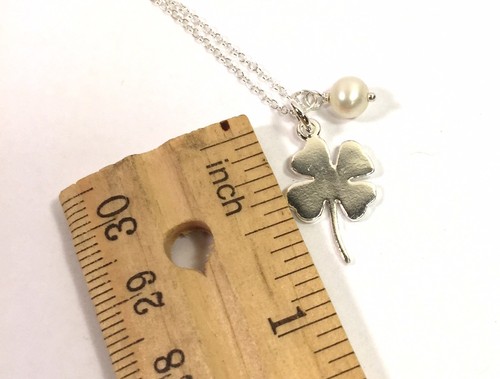 925 Sterling Silver Four Leaf Clover Shamrock Pearl Charm Pendant Necklace 16”