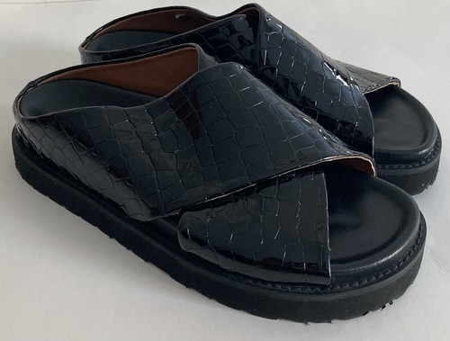 Ganni Womens Croc Patent Leather Cross over Slip On Slide